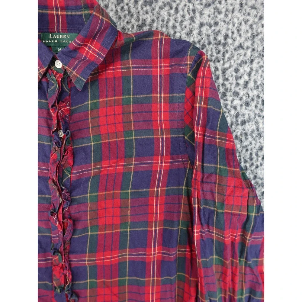 Lauren Ralph Lauren Plaid Shirt Womens Medium‎ Red Ruffle Trim Button Down